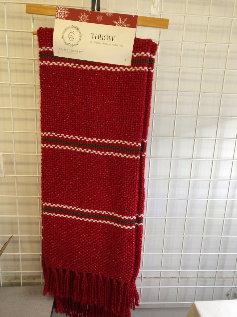 NEW RED CROCHET THROW GREEN, WHITE STRIPE.