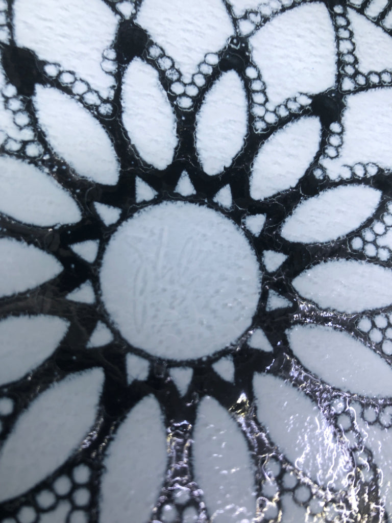 LIGHT BLUE/CLEAR GLASS MEDALLION PATTERN PLATTER SIGNED.