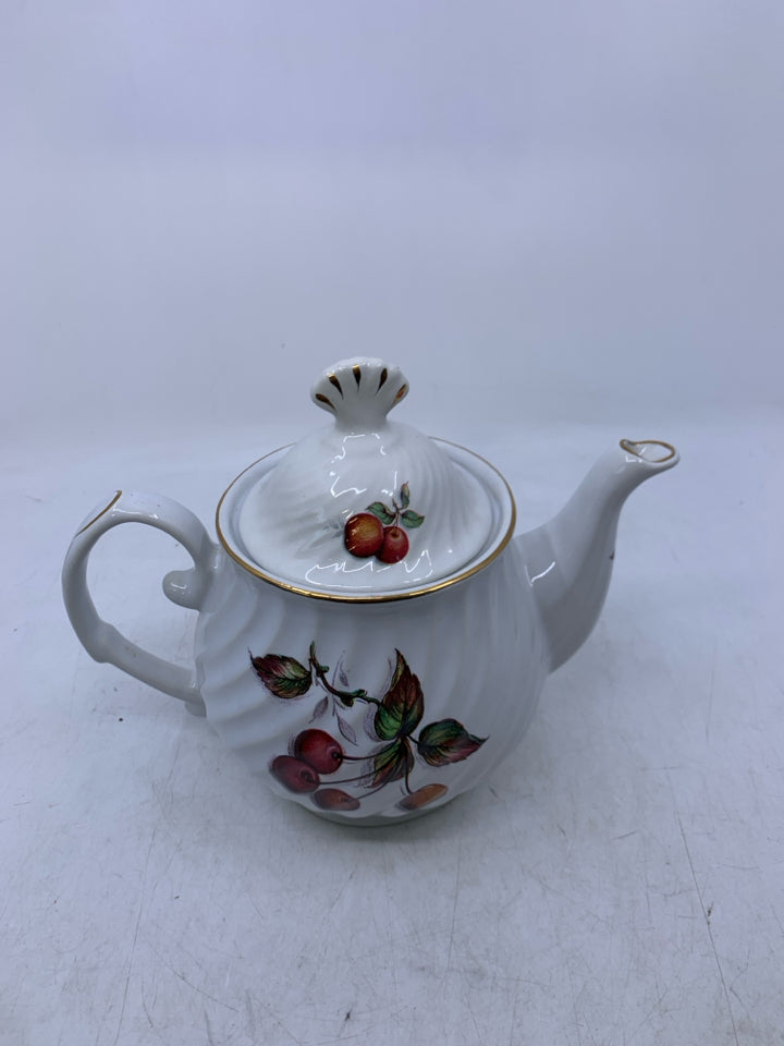 WHITE W/ PRINTED CHERRIES GOLD DETAILS MADE IN ENGLAND.