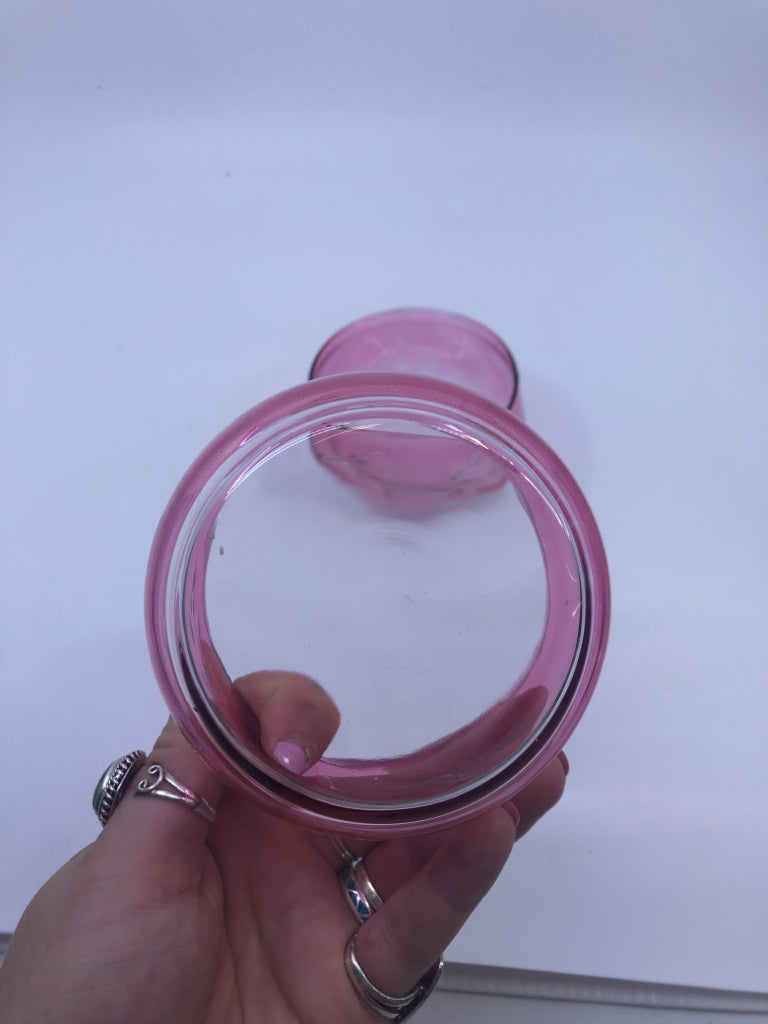 2 LIGHT PINK EMBOSSED GLASS CANDLE HOLDERS.