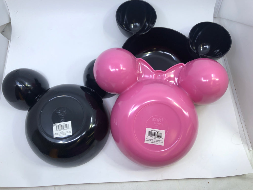 3 PINK AND BLACK MELAMINE MIKEY AND MINNIE BOWLS.