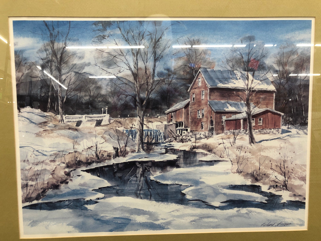 SNOW COTTAGE SCENE IN WOOD FRAME WALL ART.