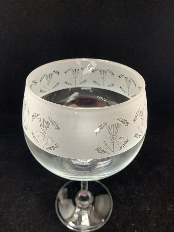 2 WINE GLASSES W/FROSTED FLOWER DESIGN.