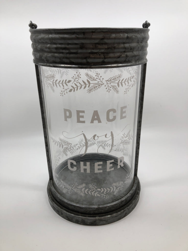 PEACE JOY CHEER GALVANIZED CANDLE LANTERN.