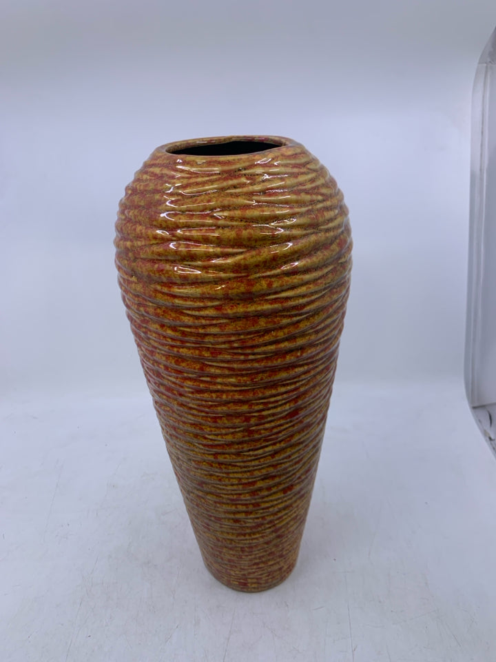 LARGE RED/YELLOW TEXTURED VASE.