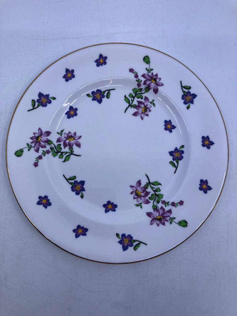 4 VTG LUNCH PLATES W/ PURPLE FLOWERS GOLD EDGE.