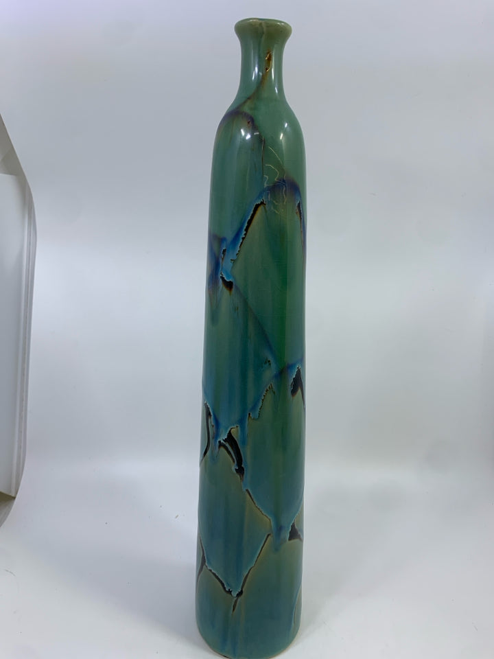 TEAL BLACK SWIRL TALL POTTERY VASE.