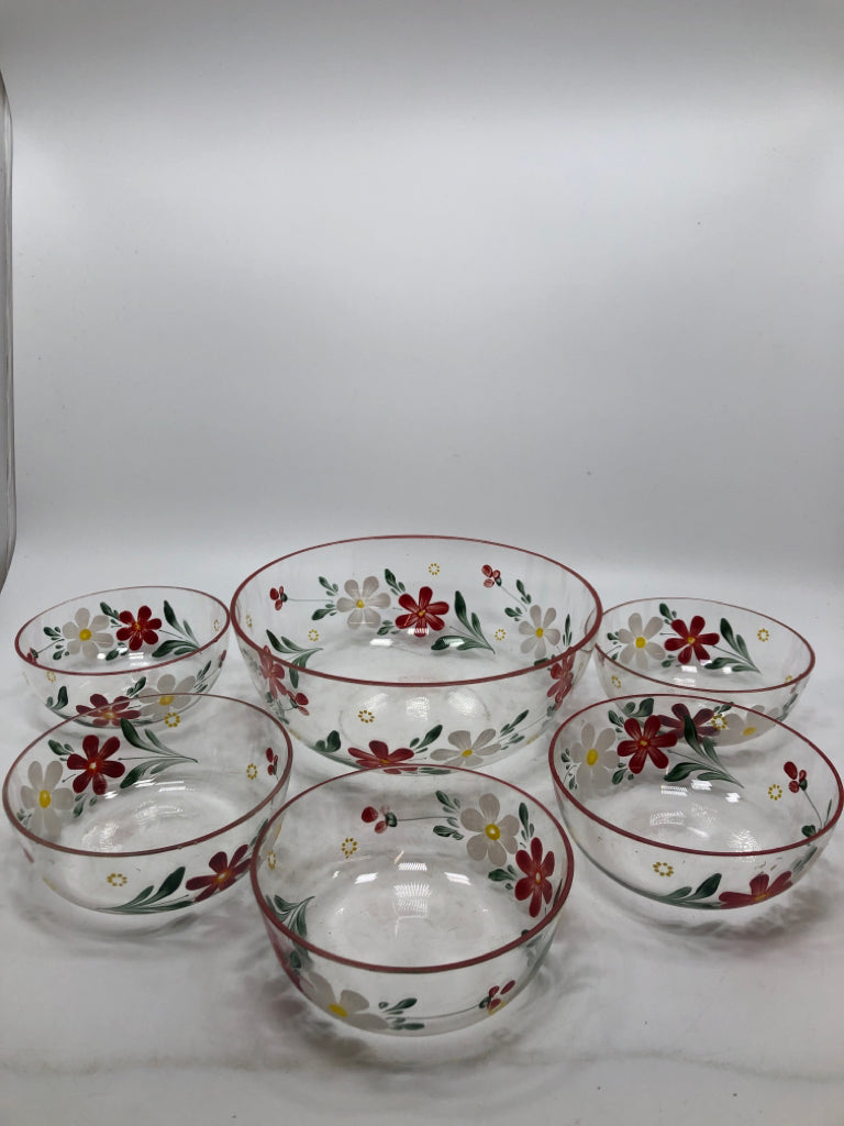 6PC DAISY PAINTED GLASS SERVING BOWL W/5 BOWLS.