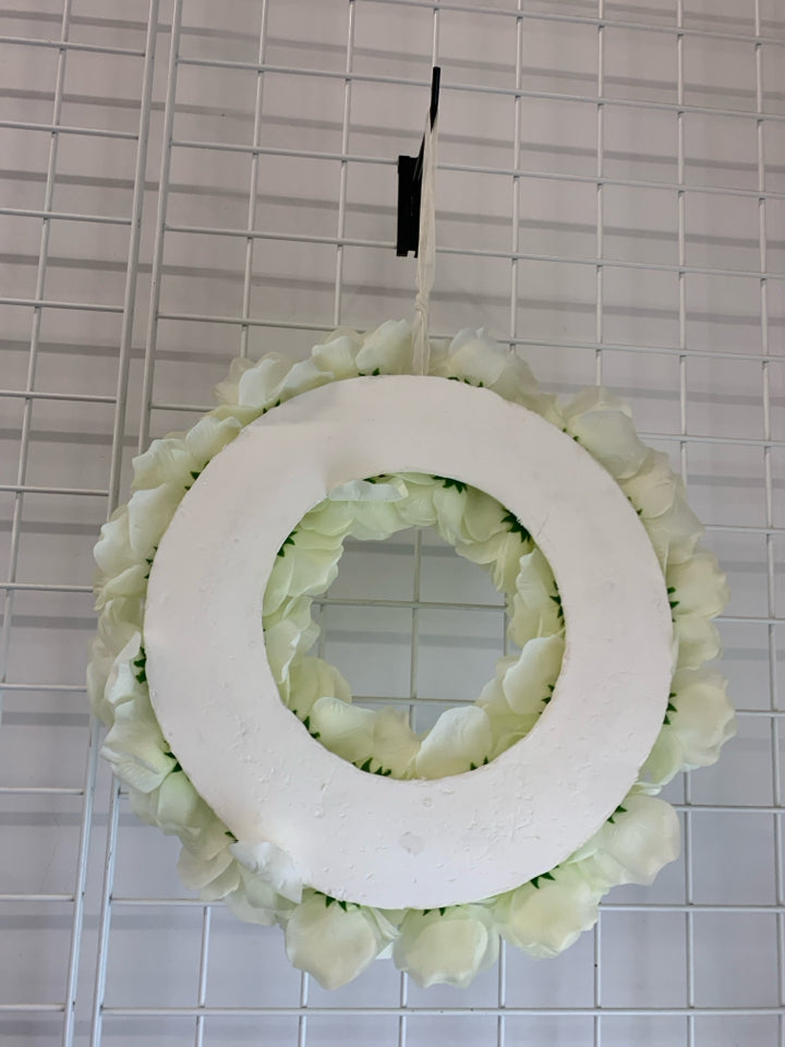 FAUX WHITE ROSE WREATH W/RIBBON.
