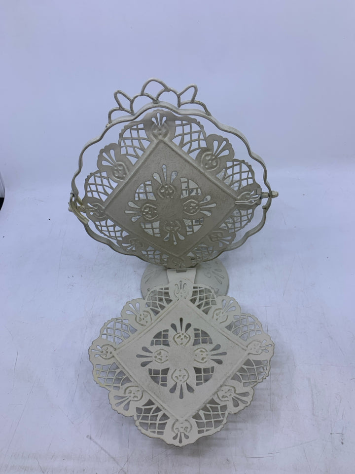 WHITE PIERCED METAL 3 TIER FOLD UP SERVING TRAY.