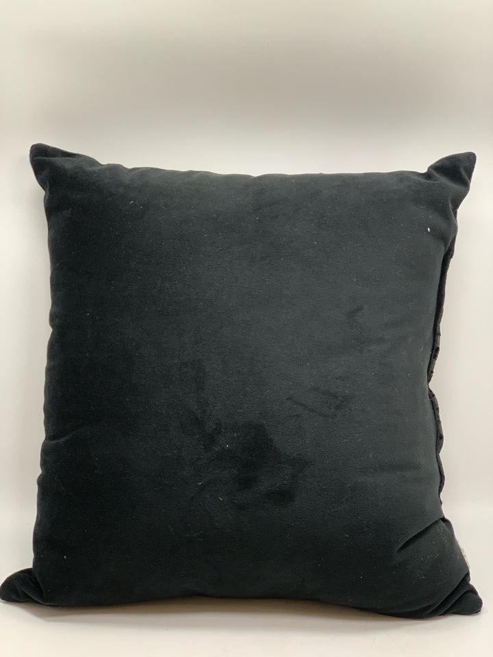 BLACK VELVET PILLOW W/EMBROIDERED LINES.