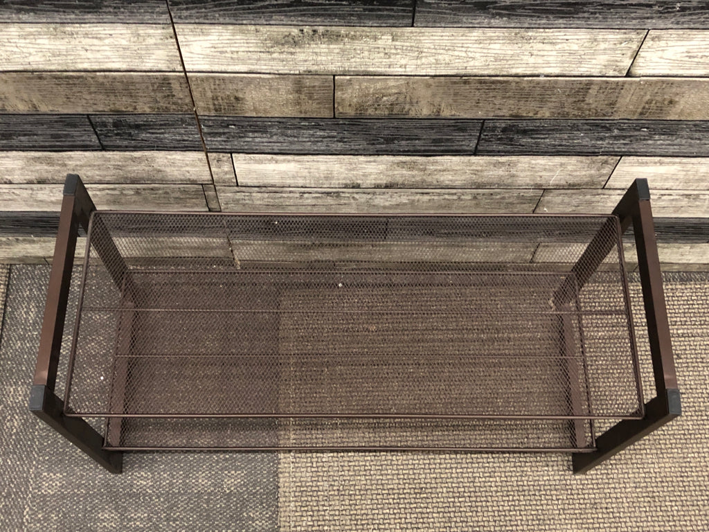 2-TIERED BROWN METAL SHOE RACK.