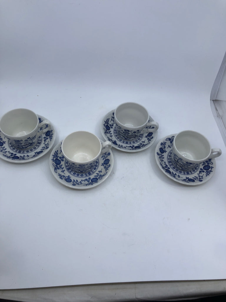 8PC BLUE HERITAGE ONION PATTERN TEA SET- 4 CUPS, 4 SAUCERS.
