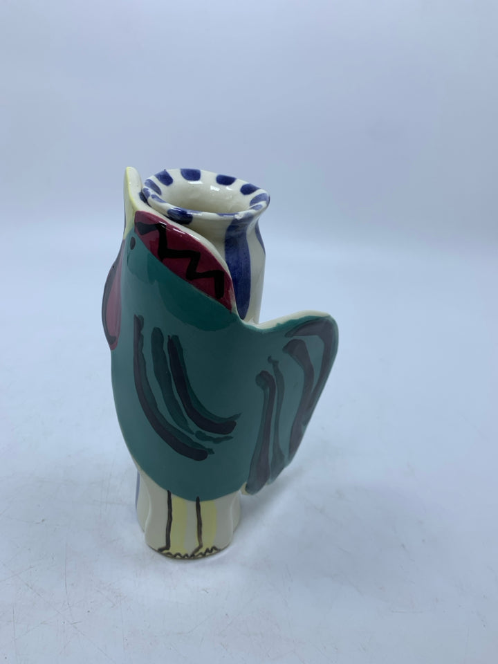 TEAL CHICKEN AROUND CYLINDER HEATHER LANE POTTERY.