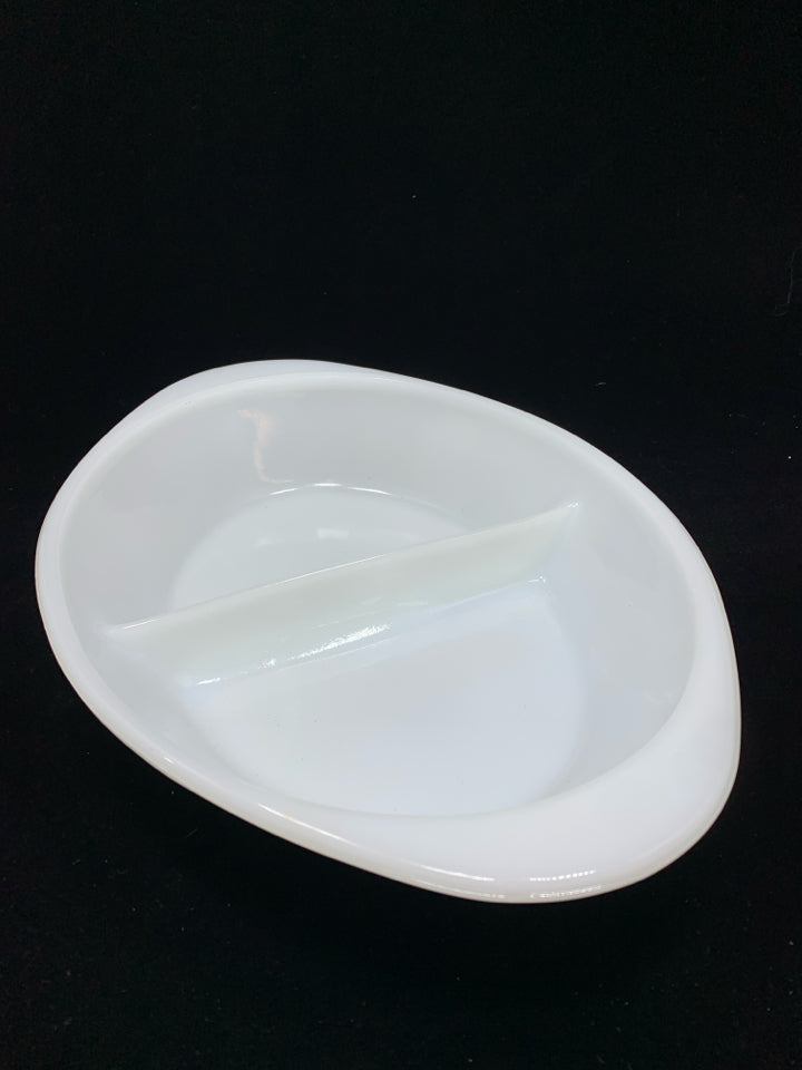 VTG MILK GLASS DIVIDED CASSEROLE DISH.