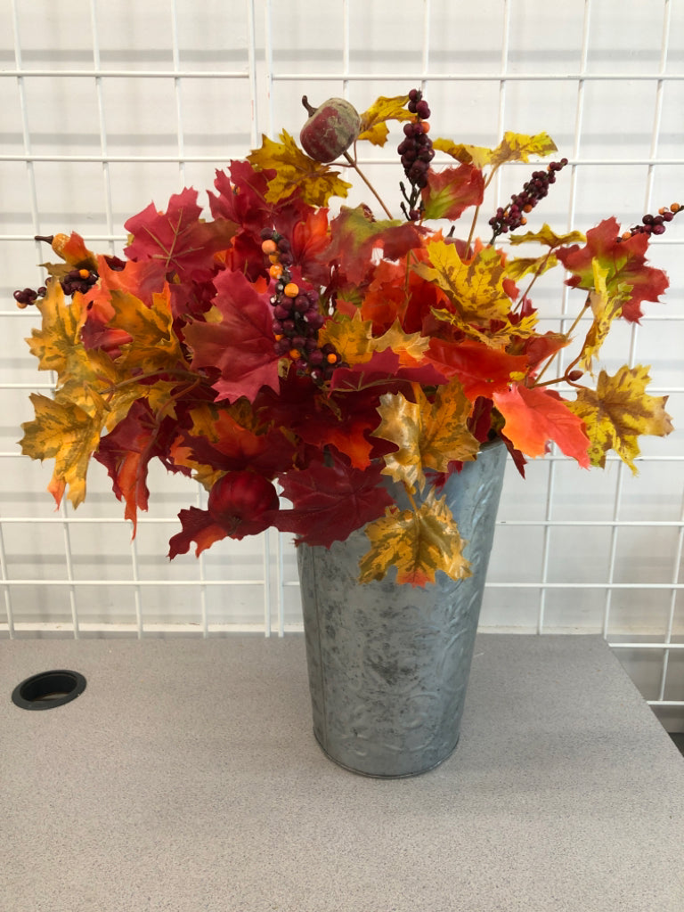 FALL FLORALS IN METAL PLANTER.
