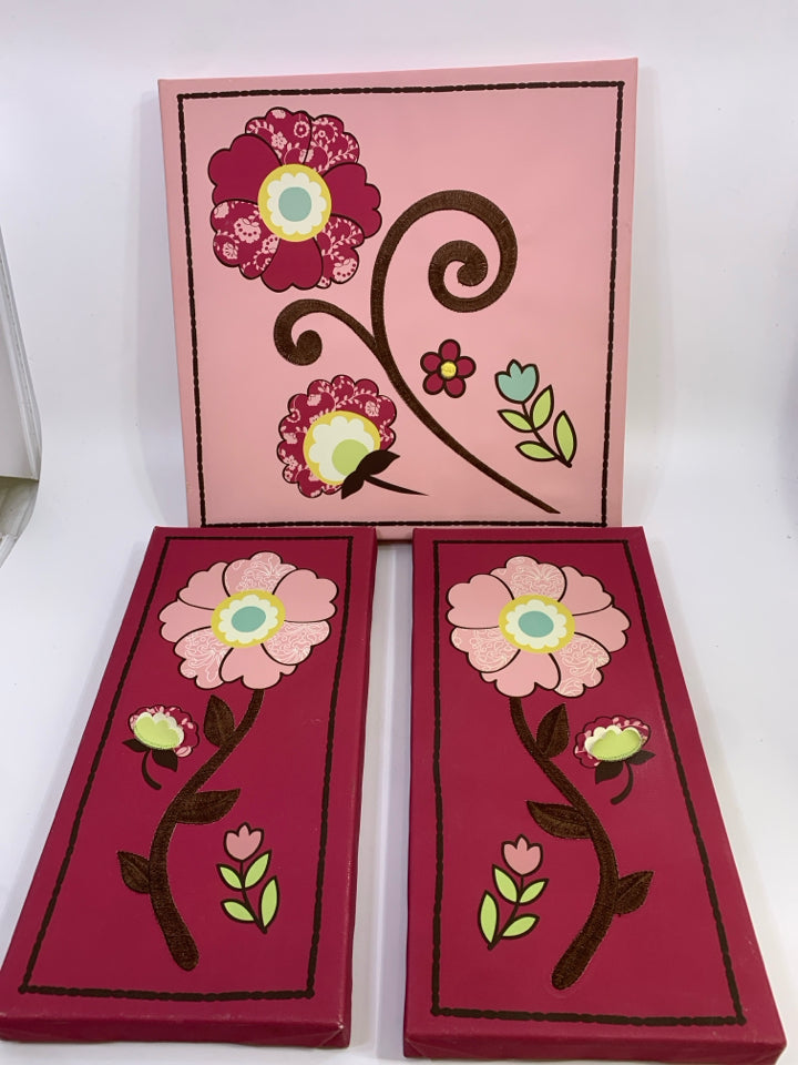 3PC PINK FLOWER CANVAS WALL DECOR.