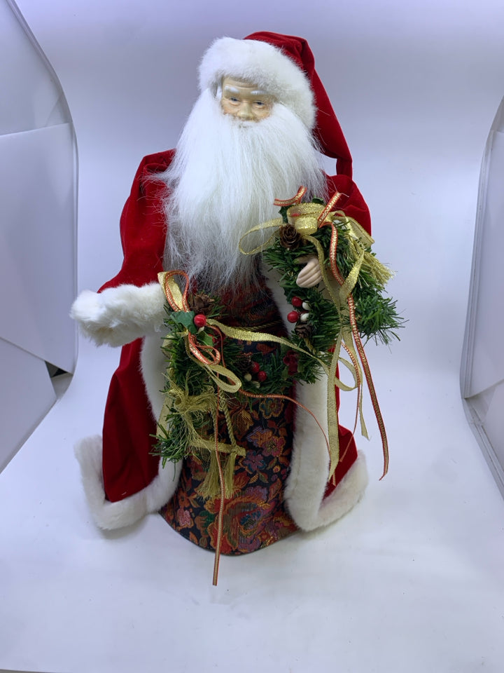 VTG RED SANTA CLAUS HOLDING HOLLY & GOLD GARLAND.