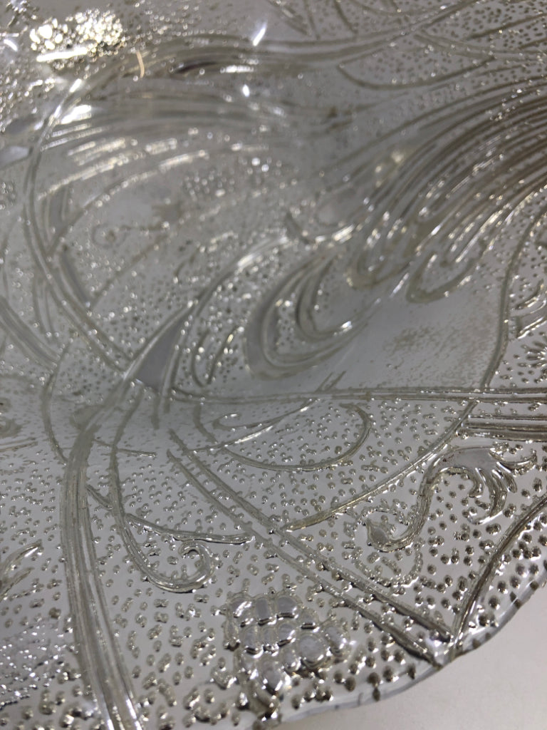 SILVER AND WHITE EMBOSSED SERVING BOWL.