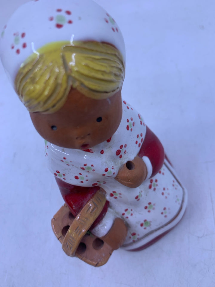 TERA COTTA BLONDE GIRL KNEELING W/ BASKET RED DRESS INSENSE HOLDER.