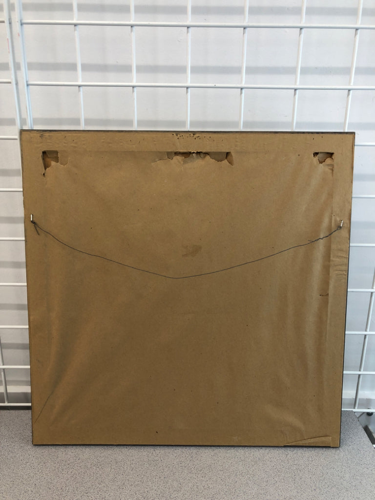 TEAL/CREAM ABSTRACT PRINT IN GOLD PAINTED FRAME.