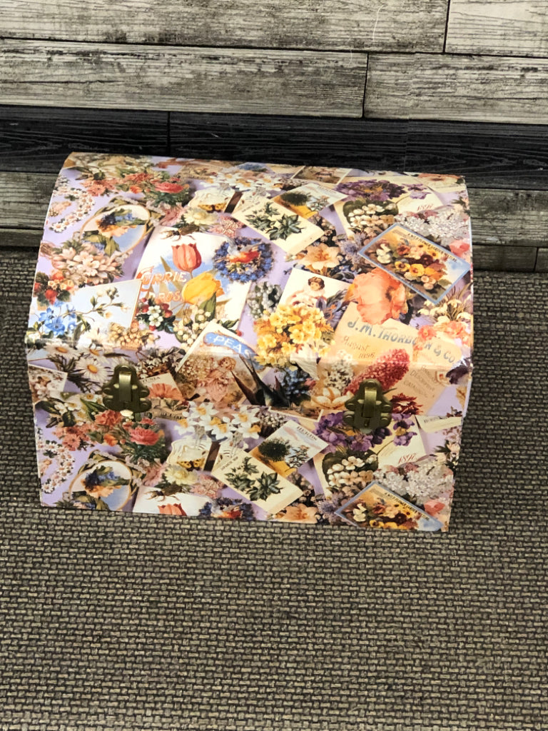 FLORAL CARDBOARD STORAGE BOX W/LOCKING FLIP LID AND HANDLES.