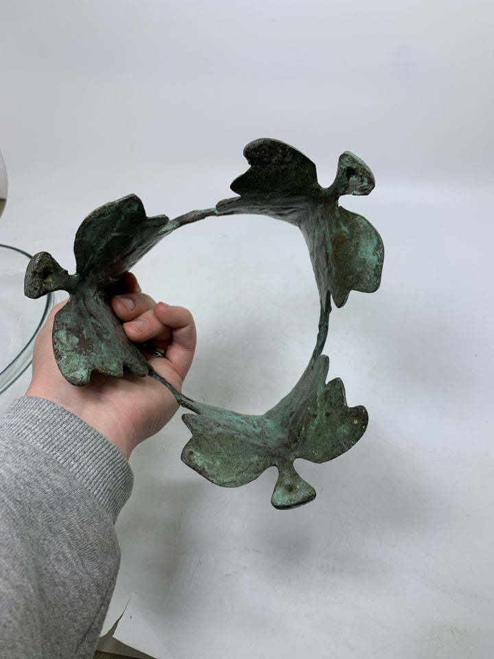 2 PIECE HEAVY METAL LEAF STAND W/ GLASS BOWL INSERT.