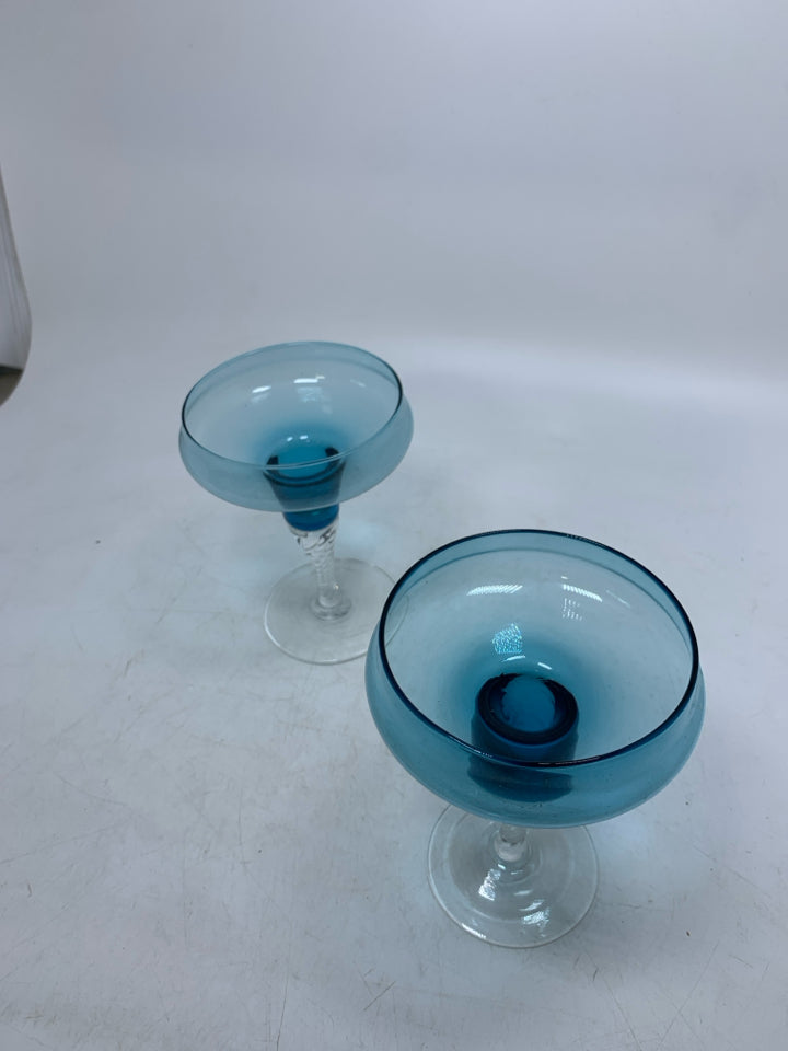 2 SMALL LIGHT BLUE GLASS MARTINI GLASSES TWISTED STEMS.