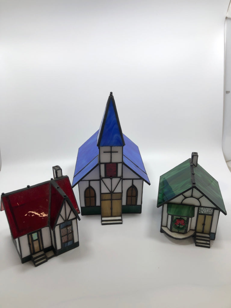 3 PC STAINED GLASS TEA LIGHT CANDLE COVERS-CHURCH, RED ROOF, GREEN ROOF.