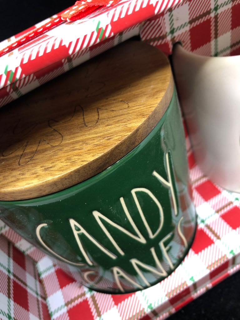 NIB RAE DUNN CANDY CANE CANISTER/ COCOA MUG SET.