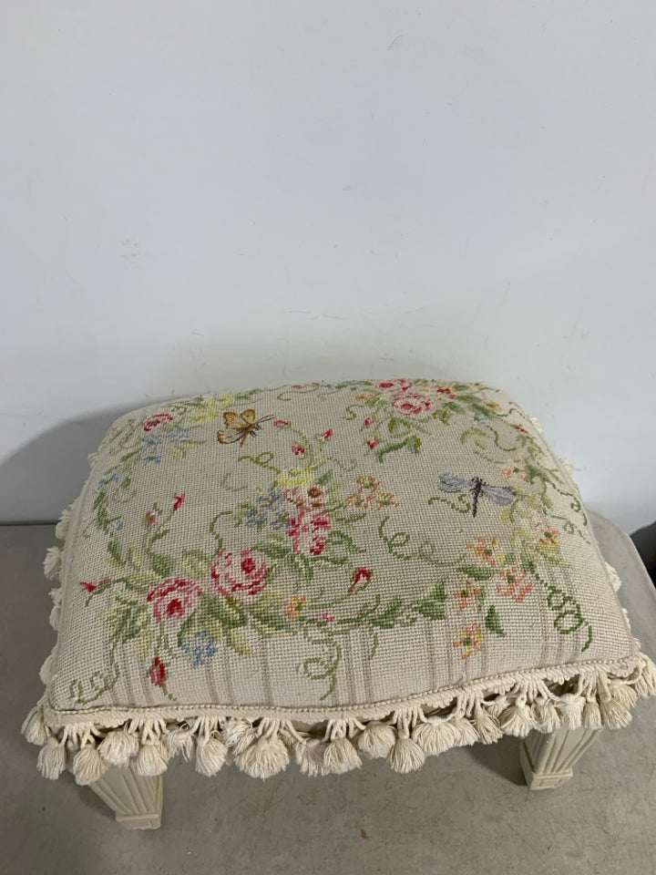 EMBROIDERED FLOWER/BUTTERFLY FOOT STOOL W/ FRINGE.