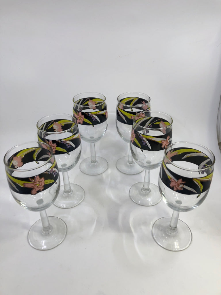 6 VTG WINE GLASS PINK/BLACK FLORAL.