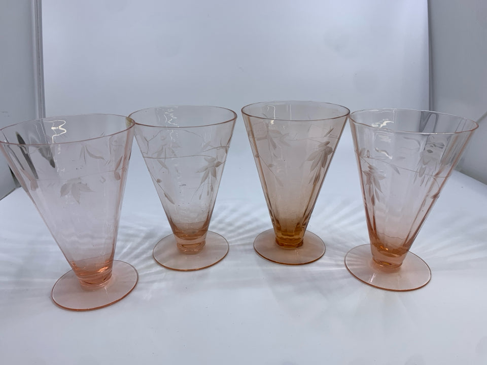 4 VTG PINK DEPRESSION GLASS FOOTED TUMBLER W/ETCHED FLOWER DESIGN.