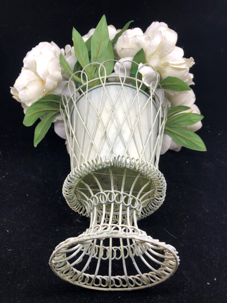 CREAM METAL FOOTED PLANTER W FAUX WHITE FLORAL.