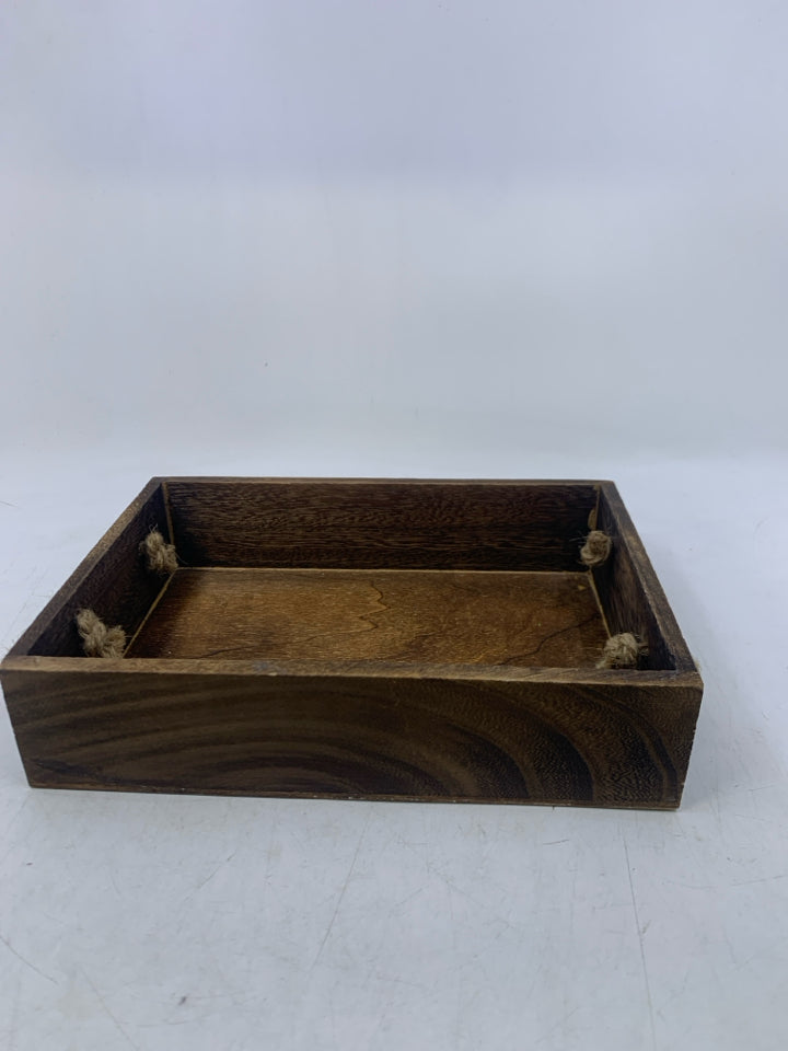 SMALL DARK WOOD TRAY W/ BURLAP TWINE HANDLES.