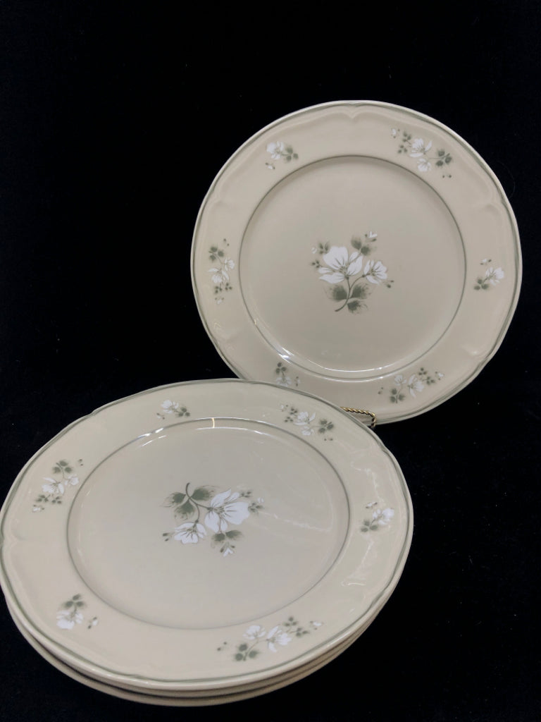 4 GREY W/ WHITE FLORAL DINNER PLATES.
