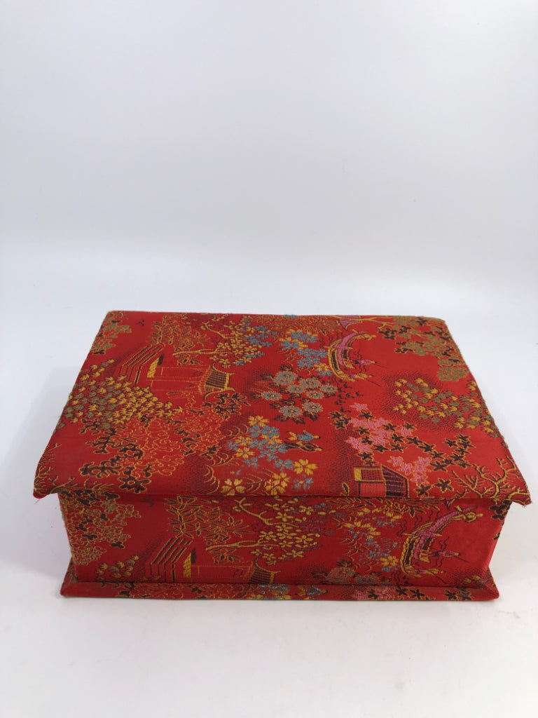 RED CHINESE BROCADE FABRIC TRINKET BOX.