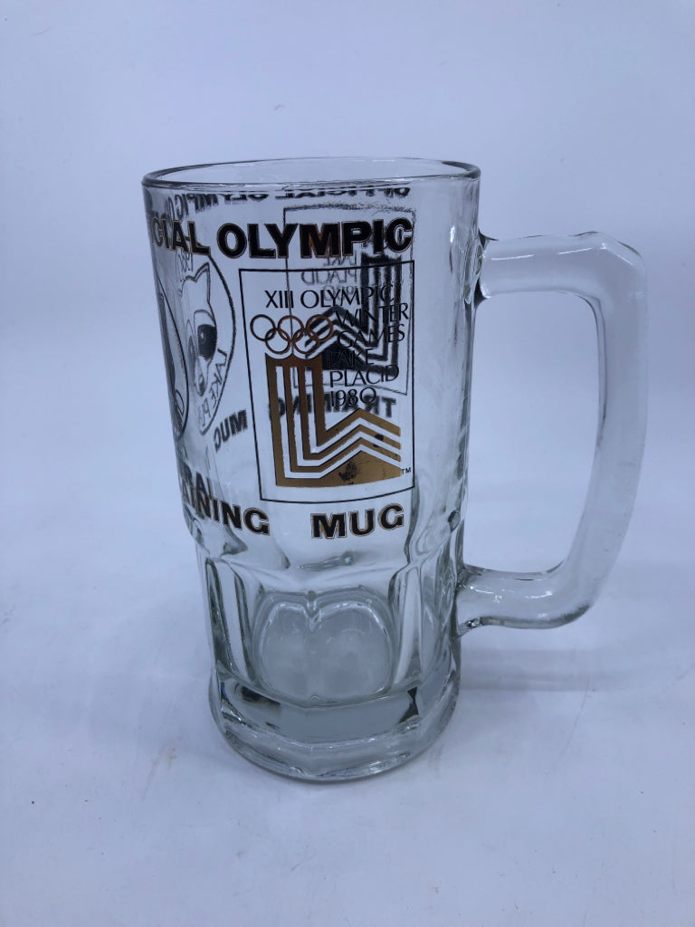 LARGE OFFICIAL 1980 LAKE PLACID OLYMPIC BLACK+GOLD BEER STEIN.