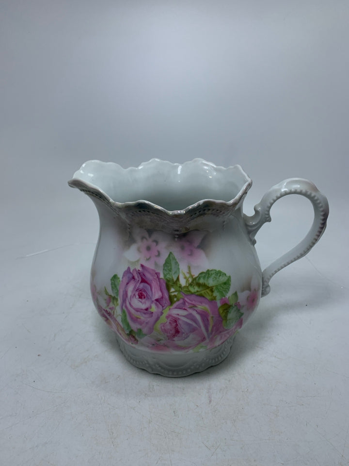 VTG PITCHER W/ EMBOSSED DETAILS & PINK ROSES.
