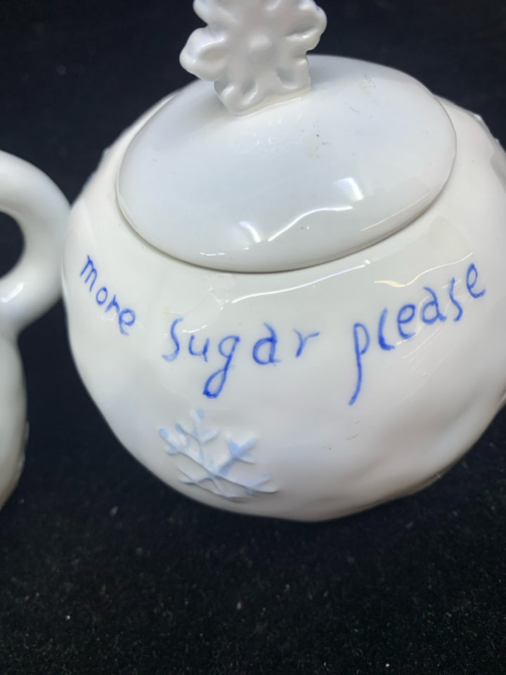 2 SUGAR & CREAMER SNOWBALL SHAPED SNOWFLAKES.