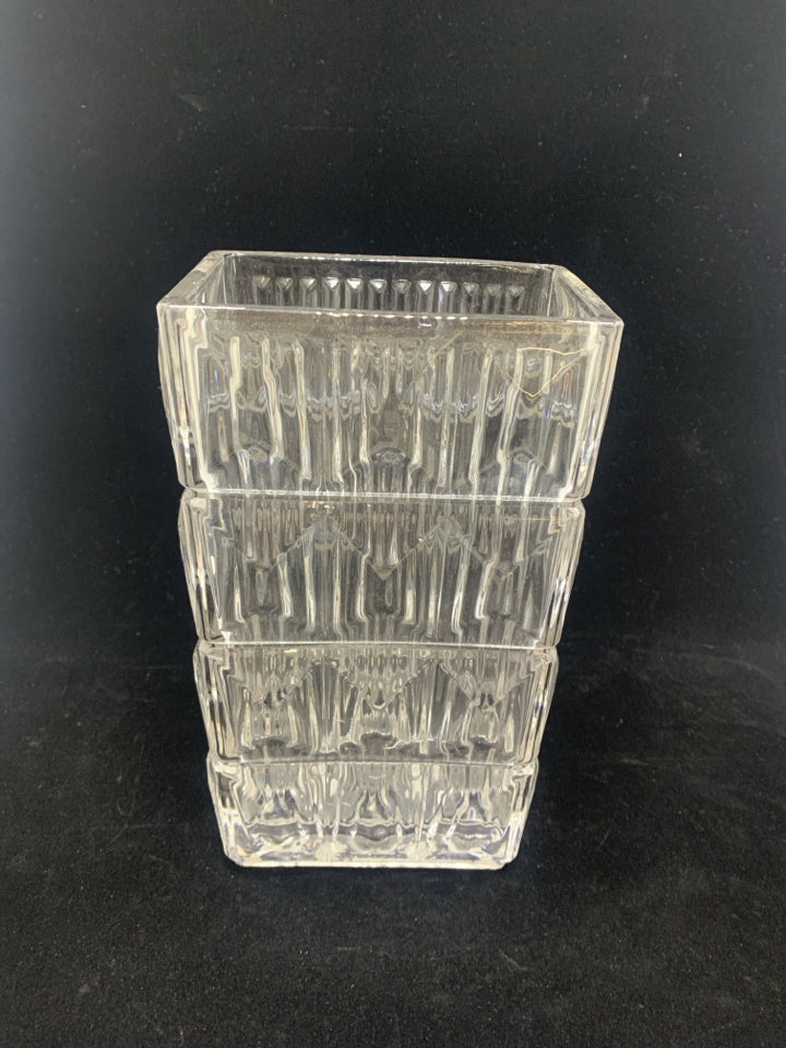 HEAVY CUT GLASS VASE W/CUBE DETAIL.