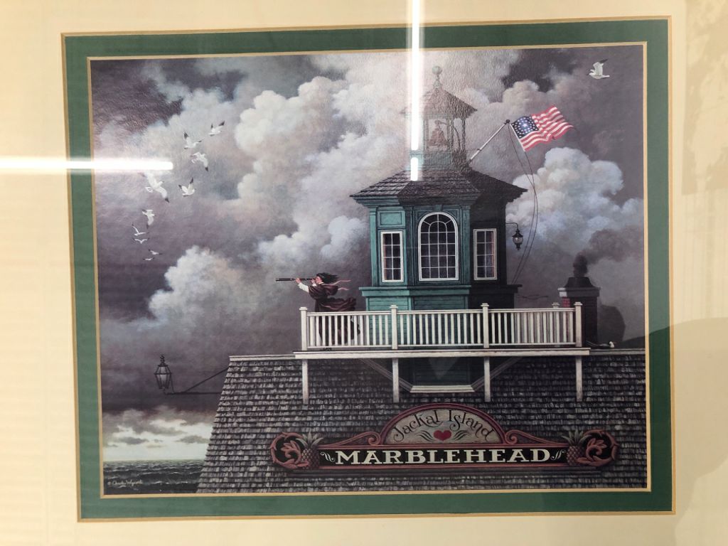 JACKAL ISLAND MARBLEHEAD PRINT IN BLACK FRAME.