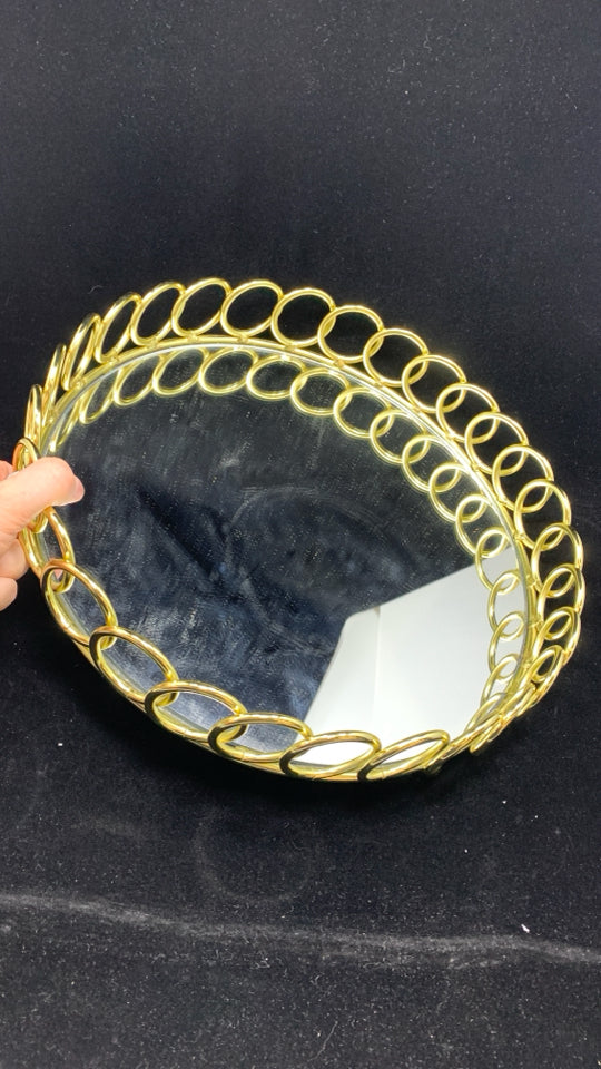 TRAY W/GOLD RING RIM+MIRROR BASE.