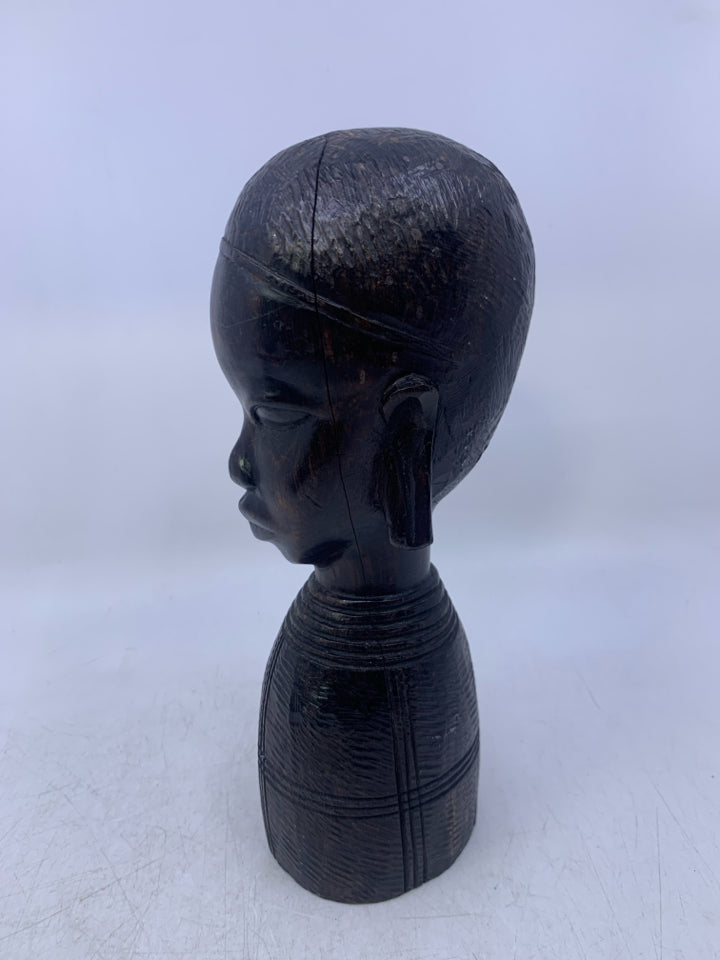 HEAVY BLACK CARVED WOOD HEAD/BUST FOLK ART.