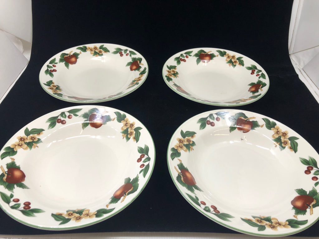 4 WHITE BOWLS GREEN FLORAL AND APPLE DESIGN.