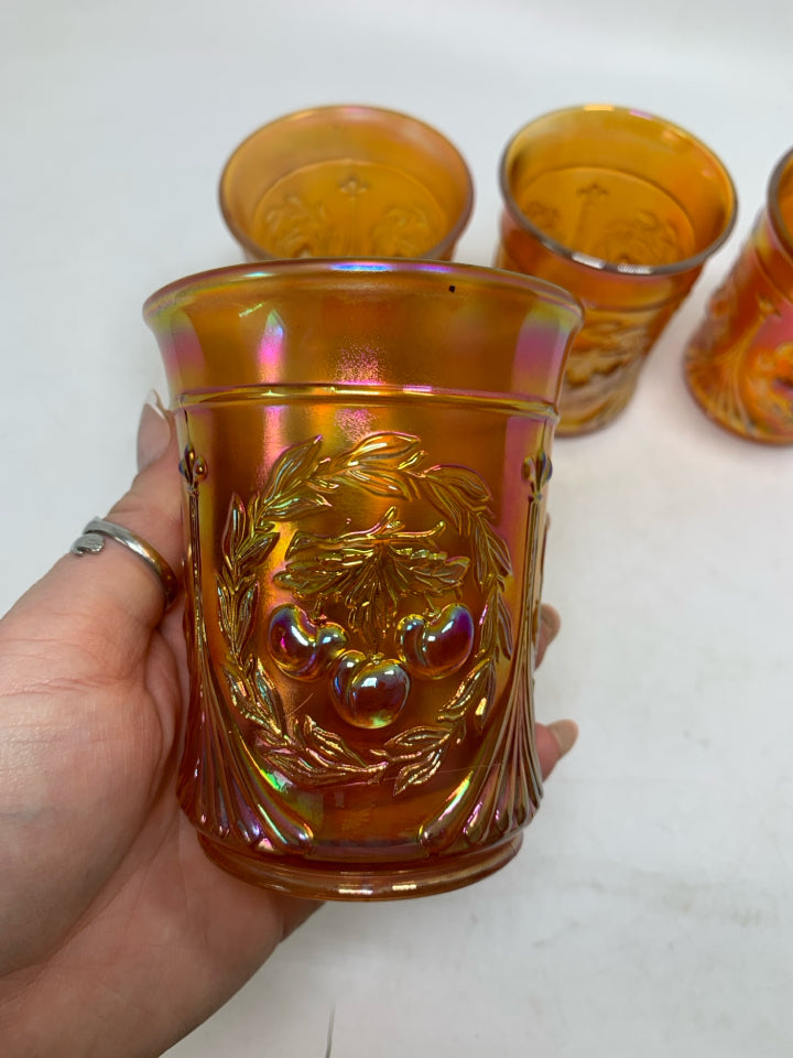 4 VTG CARNIVAL GLASS MARIGOLD EMBOSSED CHERRIES JUICE TUMBLERS.