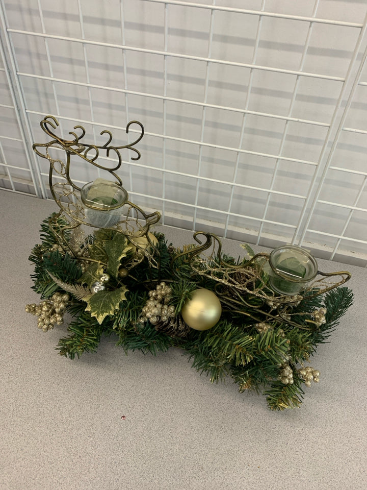 GOLD WIRE REINDEER/SLED CANDLE HOLDER CENTERPIECE.