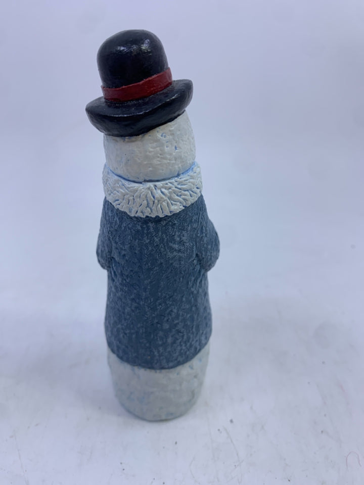 SNOWMAN BLUE COAT HOLDING WREATH.