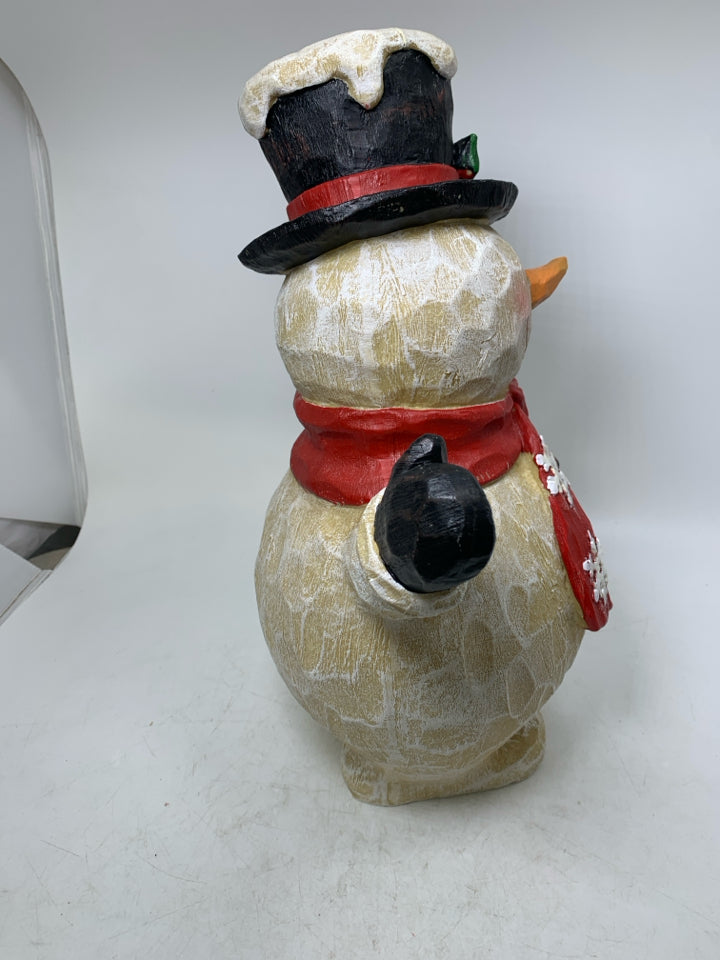 RESIN WAVING DISTRESSED SNOWMAN HOLDING BROOM.