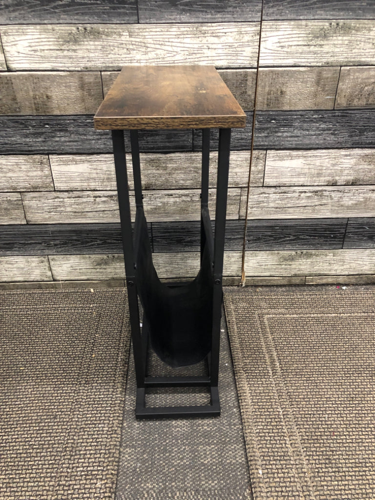 NARROW END TABLE W/MAGAZINE STORAGE.
